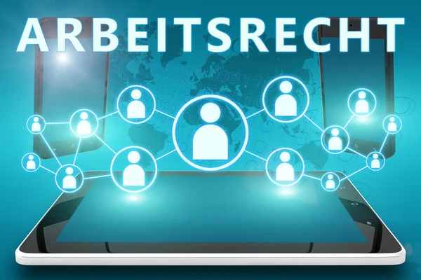 Arbeitsrecht - Deutsch Wort für das Arbeitsrecht - Text Illustration mit sozialen Symbole und Tablet-Computer und mobile Handys auf Cyan Karte Hintergrund digitale Welt — Stockfoto